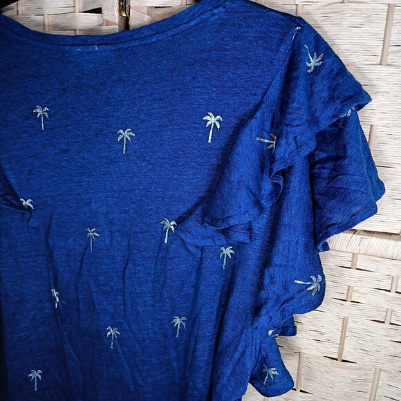 Chico's Foiled Flutter Sleeve Linen Tee Navy Palm Trees Embroidered NWT 12 14 - Picture 6 of 9